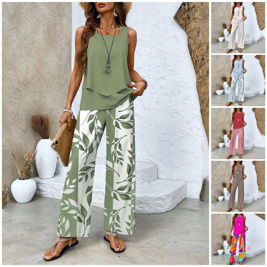🌺 Women’s Trendy Print 2-Piece Outfit – Sleeveless Top & Pants Combo!"