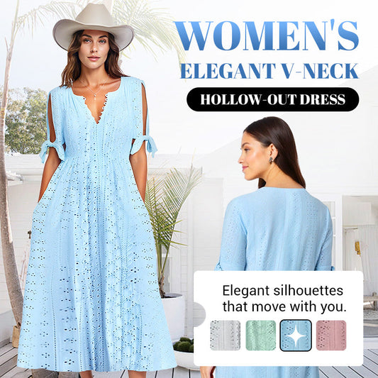 👗 50% OFF NOW! 💃 Women's Elegant V-Neck Hollow-Out Solid Dress – Flattering cut, breathable fabric & perfect for summer parties or date nights ✨