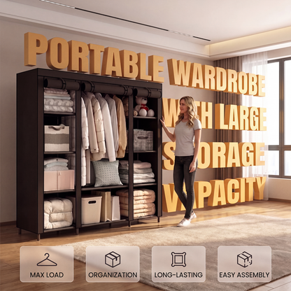 🧥 Easy‑to‑Assemble Portable Non‑Woven Fabric Wardrobe, Large‑Capacity Freestanding Closet, Sturdy Frame, Multi‑Compartment Storage for Clothes, Bedding & Household Items