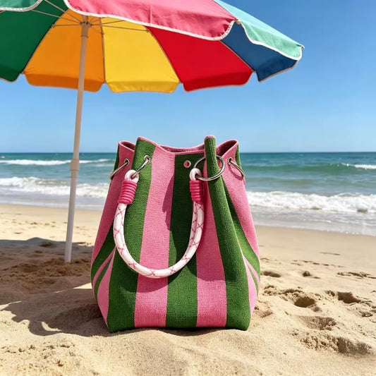 🏆👜  Boho Striped Knit Bucket Handbag for Women – Handmade Summer Beach Shoulder Bag