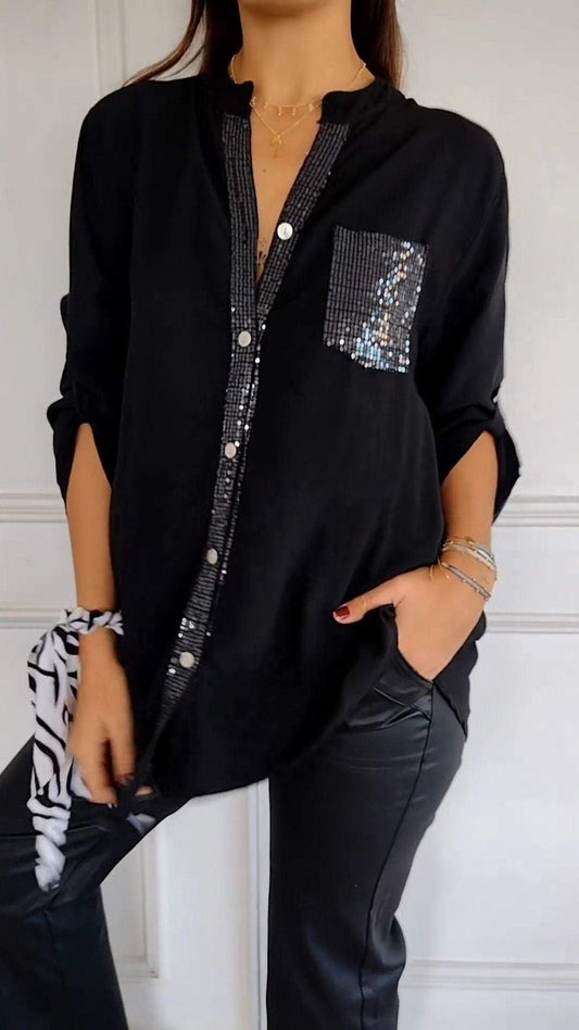 🔥2024 HOT SALE🔥Polyester V-neck Sequin Mid-sleeve Casual Top