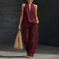 Boho Linen Two Piece Set - Perfect for Beach, Vacation & Brunch! Halter Neck Sleeveless Top Wide Leg Pants Set