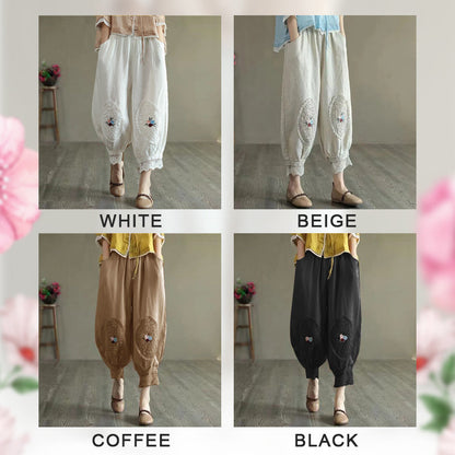 Women's Lace Embroidered Linen Cotton Bloomers Pants