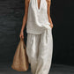 Boho Linen Two Piece Set - Perfect for Beach, Vacation & Brunch! Halter Neck Sleeveless Top Wide Leg Pants Set