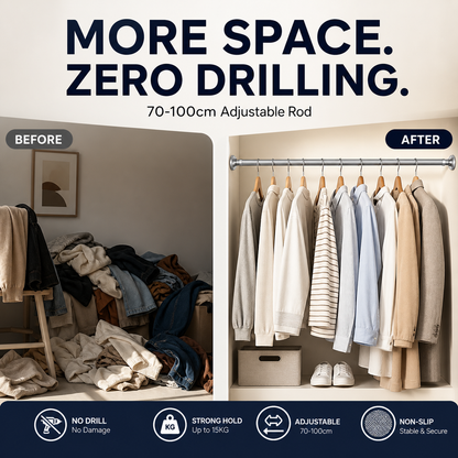 Create storage space anywhere anytime！Adjustable No-Drill Tension Rod