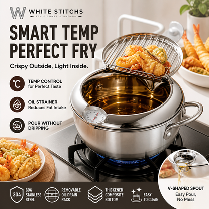 Stainless Steel Tempura Fryer Pot – Thermometer, Drain Rack, Deep‑Body ✨