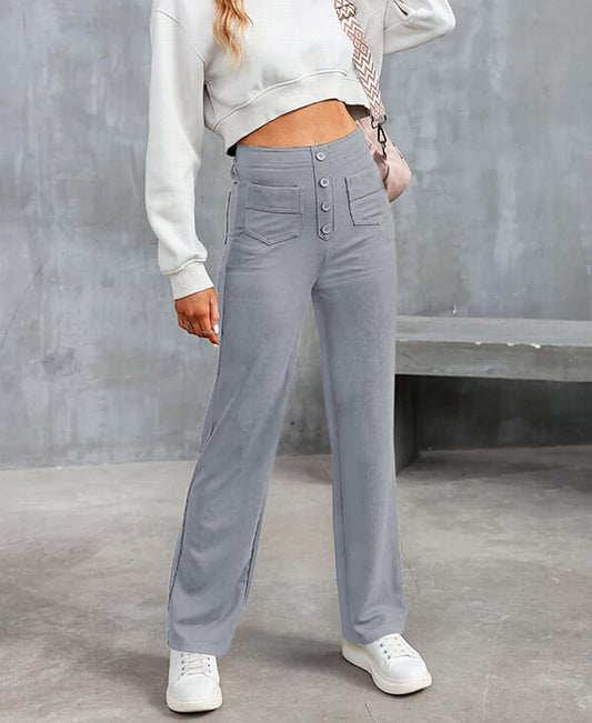 High Waisted Button Multiple Pockets Straight Leg Casual Pants