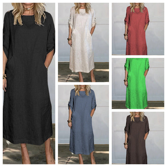 🔥Women's Cotton and Linen Solid Color Loose Dresses