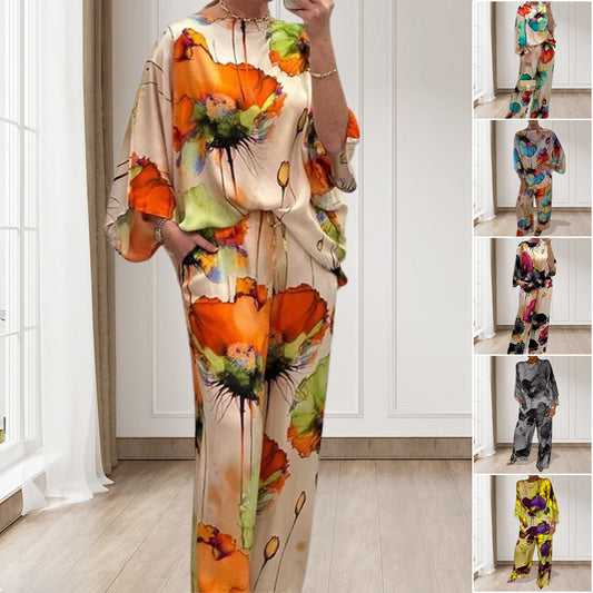 Stylish Watercolor Floral Print Loose 2-Piece Suit for Plus Size Women