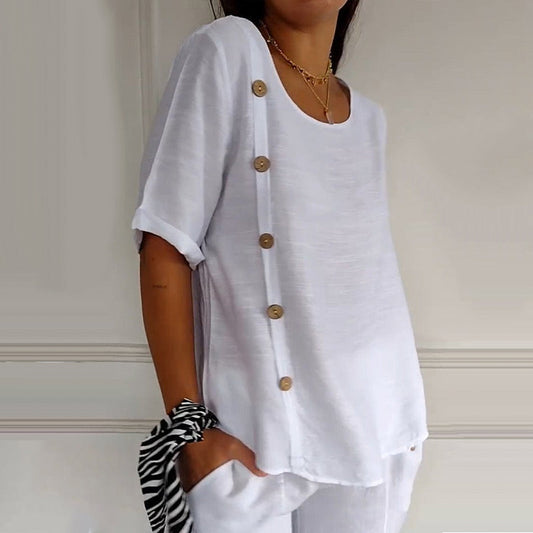 Women's Crew Neck Side Button Blouse