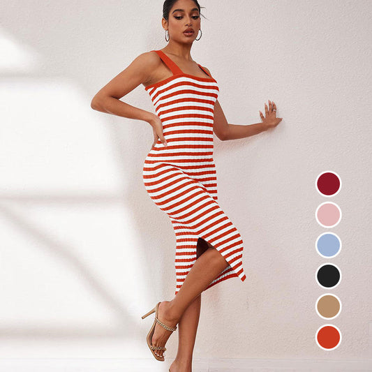 Split Sleeveless Square Neck Striped Bodycon Dress