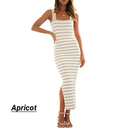 Split Sleeveless Square Neck Striped Bodycon Dress