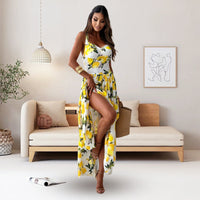 💕50% Off🍋Women’s Elegant Lemon Print Spaghetti Strap Flowy Long Dress