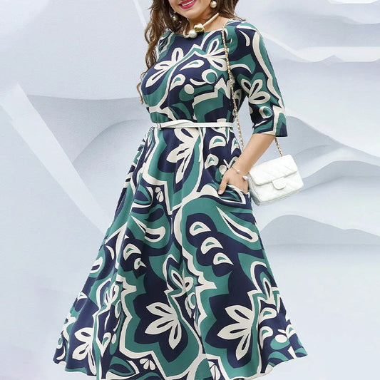 Fashion Printed Round Neck Belted Long Dress