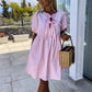 💕 Classy & Comfortable: Women’s Trendy Solid Color Bow Tie Front Puff Sleeve Dress