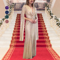 Sequined V-Neck Evening Dress with Pleated Hem