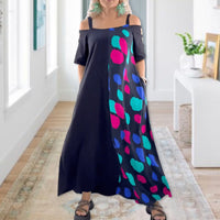 Short-sleeved printed loose dress with cold shoulder for women