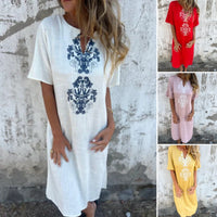 🌷✨Women's V-neck linen dress with hand embroidered neckline