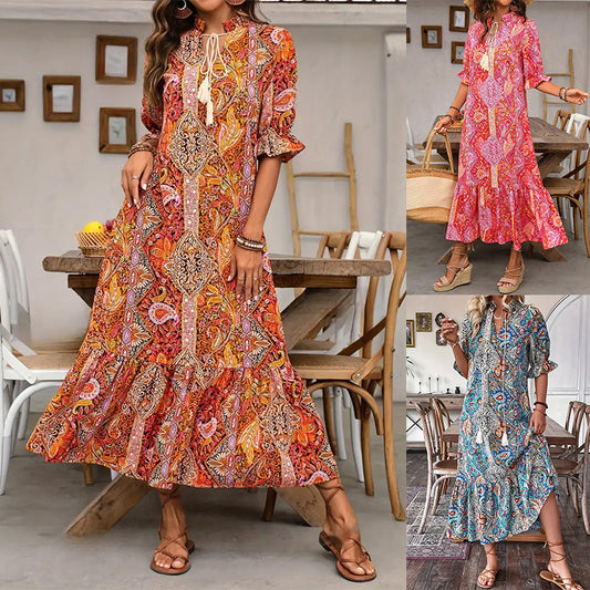 👗V-Neck Bohemian Side Split Flowy Dress