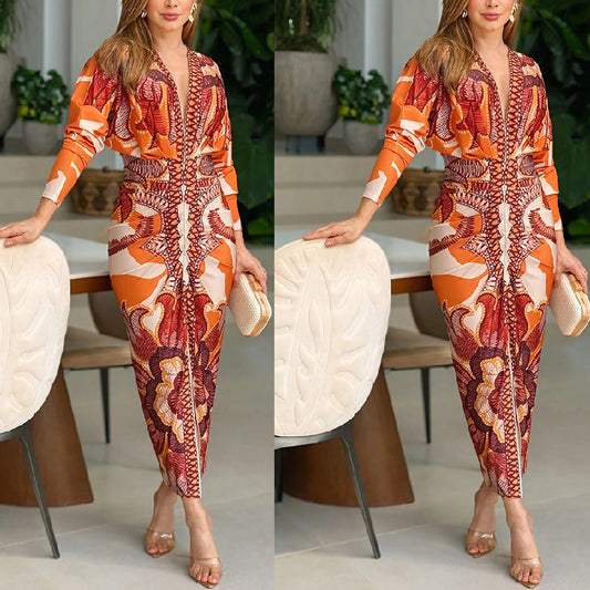 Women's Elegant V-Neck Printed Bodycon Dress💖Limited time offer
