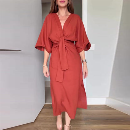 💃Women’s Elegant Waist Tie Side Slit V-Neck Dress