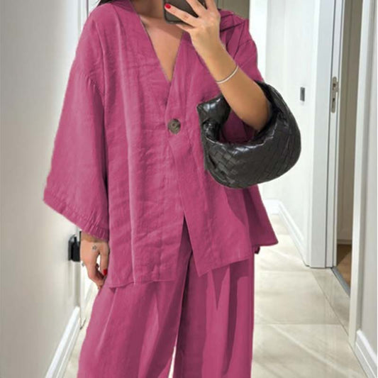 Women's V-Neck Top & Wide-Leg Pants Solid Color 2-Piece Set