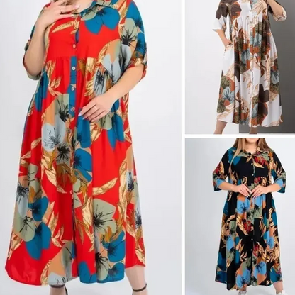 Women’s Loose Lapel Printed Button-Down Long Dress