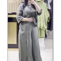 Women's Solid Color Casual 3/4 Sleeve Top Loose Button Pants 2-Piece Set