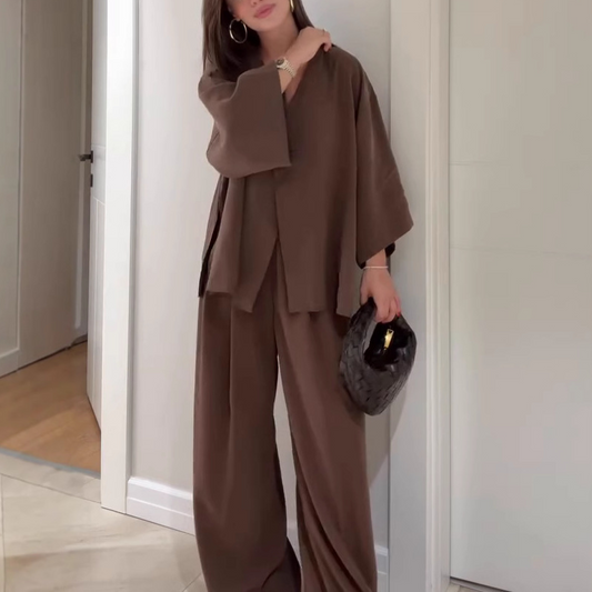 Women's Elegance V-Neck Top & Wide-Leg Pants Set