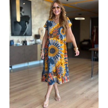 Women's Casual V-Neck Printed Maxi Dress