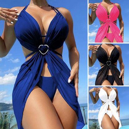 Solid Color Halter Bikini 3-Piece Set