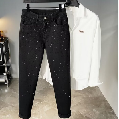 💥Christmas Sale 40% OFF👖 Rhinestone Embellished Slim-Fit Black Denim Jeans - Stretch Comfort with Sparkling Waistband for a Dazzling Look 💎🖤