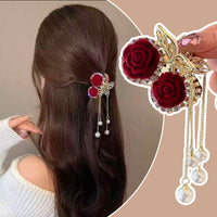 Elegant Velvet Rose Hair Clip with Pearls