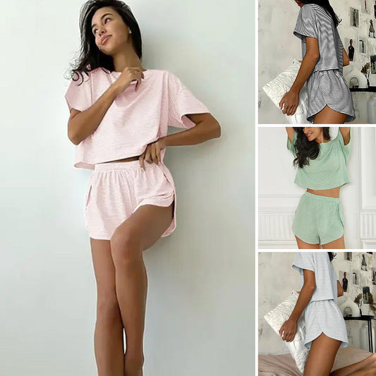 🏖️New arrival 40% OFF!☀️Women's Comfortable Striped Print Short-Sleeved Top And Shorts 2-Piece Lounge Sets