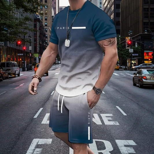 🏖️Summer Special Style !!😎Men's Gradient Color T-Shirt & Shorts Set
