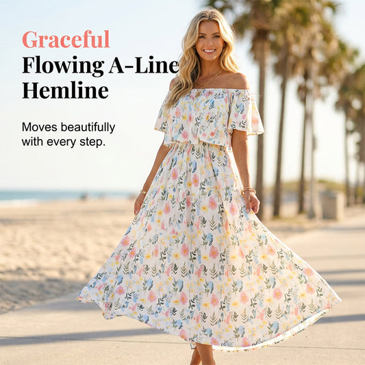 👗 🏖️ Holiday Essential  🌸 Printed Off-Shoulder Short Sleeve Maxi Dress – Floral Print, Ruffled Bodice & Hidden Pockets ✨