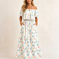 👗 🏖️ Holiday Essential  🌸 Printed Off-Shoulder Short Sleeve Maxi Dress – Floral Print, Ruffled Bodice & Hidden Pockets ✨