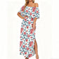 👗 🏖️ Holiday Essential  🌸 Printed Off-Shoulder Short Sleeve Maxi Dress – Floral Print, Ruffled Bodice & Hidden Pockets ✨