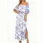 👗 🏖️ Holiday Essential  🌸 Printed Off-Shoulder Short Sleeve Maxi Dress – Floral Print, Ruffled Bodice & Hidden Pockets ✨