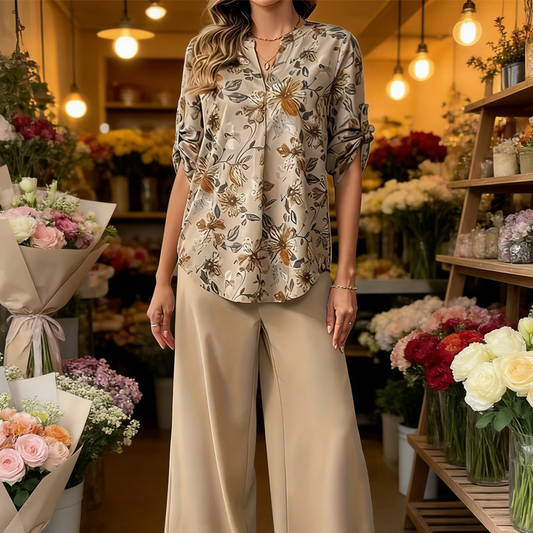 💐2026 New Style✨Women's 2-Piece Floral Blouse & Wide-Leg Pants Set