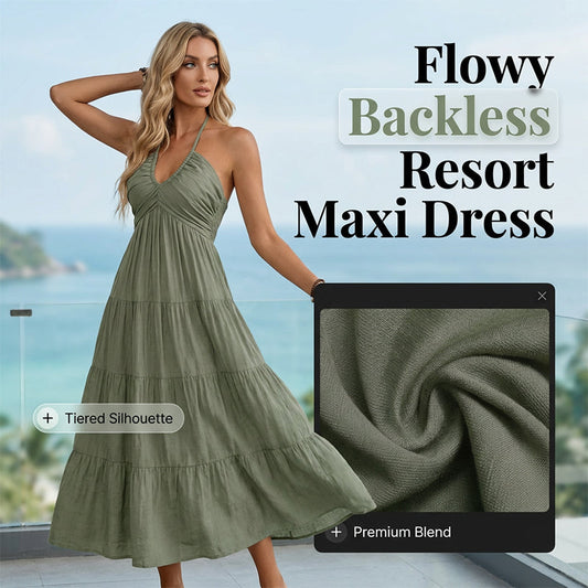 🏝️👗40% OFF !!☀️Women's Halter Neck Backless Tiered Maxi Dress