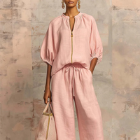 👚 40% OFF! 👖 Women's Solid Color 2-Piece Tracksuit – Puff Sleeve, Wide Leg, Zipper Detail ✨