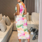 🌸 LIMITED-TIME 40% OFF! 👗 Sleeveless Floral Bodycon Midi Dress – High Neck, Ruched, Stretchy Mesh 🌹