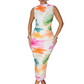 🌸 LIMITED-TIME 40% OFF! 👗 Sleeveless Floral Bodycon Midi Dress – High Neck, Ruched, Stretchy Mesh 🌹