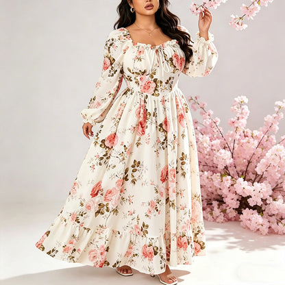 👗Floral Print Square Neck Long Sleeve Maxi Dress