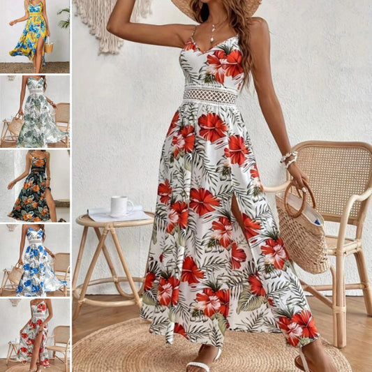 🎈 New arrival 40% OFF🌿👗Women’s Floral Print High Slit Spaghetti Strap Flowy Dress