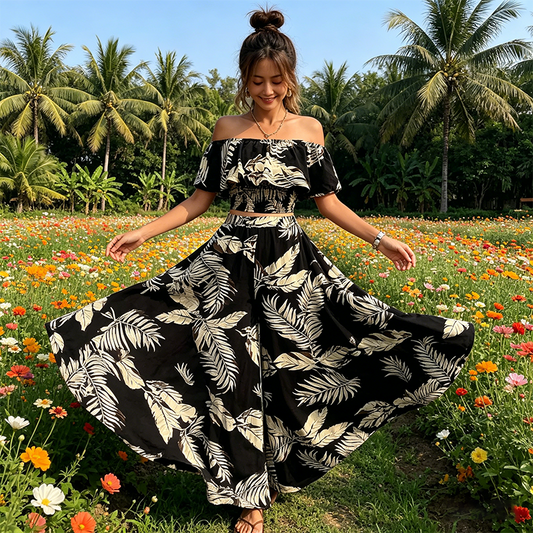 Sun, Style & Confidence ☀️ Women's Tropical Leaf Print Off-Shoulder Two-Piece Set