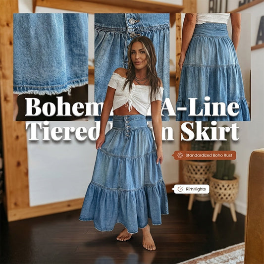 💙👗Denim Dreams, Effortless Chic 🌿Women's High Waisted Tiered A-Line Denim Maxi Skirt