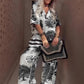 👚👖40% off❤Women's Casual Printed V-Neck Top & Trousers Set