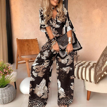 👚👖40% off❤Women's Casual Printed V-Neck Top & Trousers Set